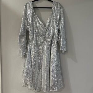 Boohoo Silver Sequin Draped V-Neck Long Sleeve Dress